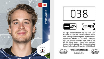 DEL 2023-24 Citypress Sticker - No 038 - Ty Ronning