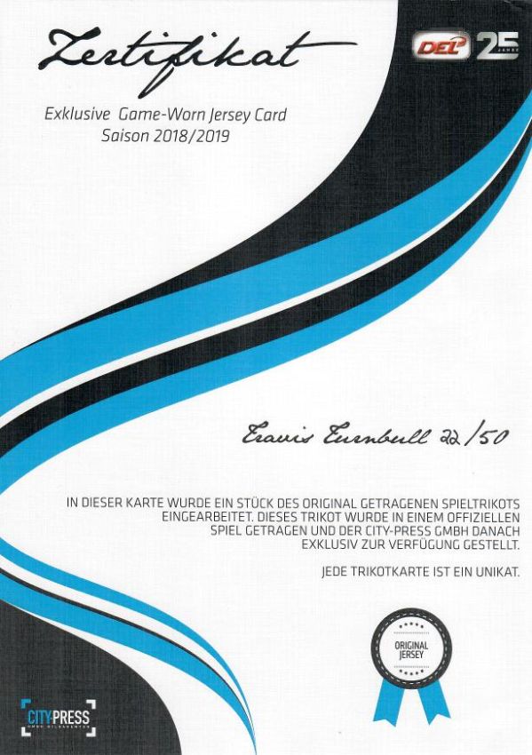 DEL 2018-19 Citypress Jersey Cards - No JC05 - Travis Turnbull