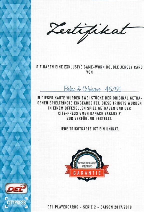 DEL 2017-18 Citypress Double Jersey Card - No TK21 - Carlo Colaiacovo / Dominik Bohac