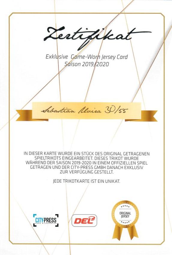 DEL 2019-20 CityPress DEL Jersey Card - No JC07 - Sebastian Uvira