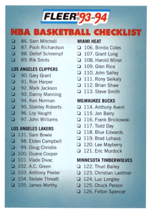NBA 1993-94 Fleer - No 239 - Checklist No 86 - 165