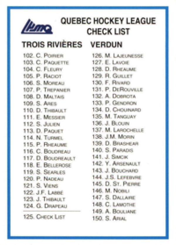 NHL 1991-92 7th Inning Sketch QMJHL - No 125 - Quebec Hockey League Check List