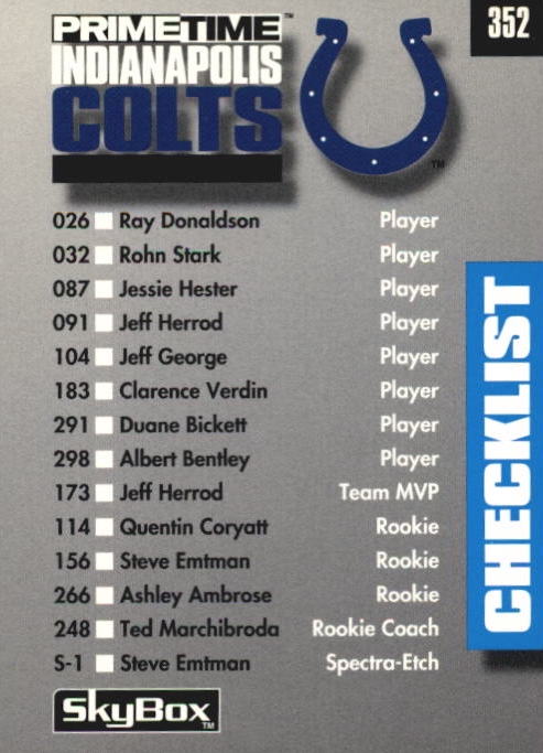 NFL 1992 SkyBox Prime Time - No 352 - Indianapolis Colts & Kansas City Chiefs