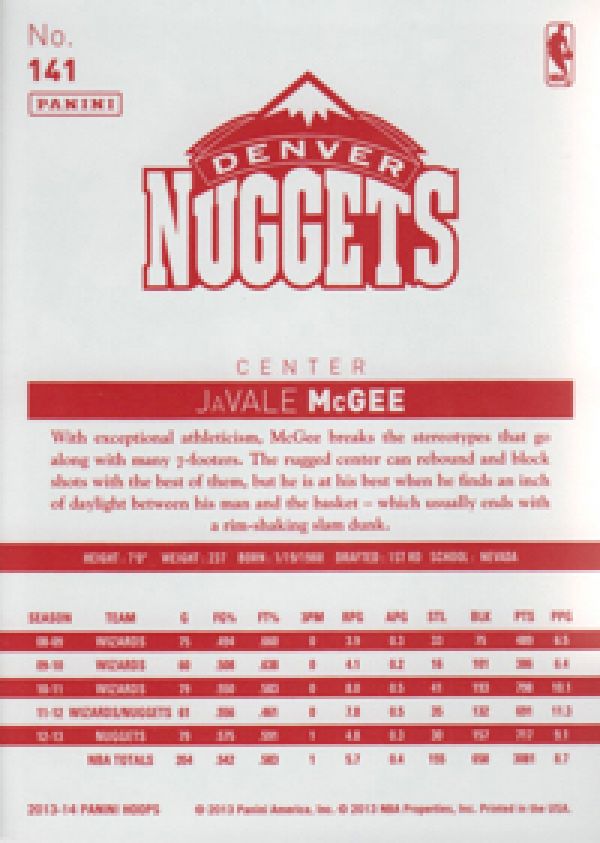 NBA 2013-14 Hoops Red Backs - No 141 - JaVale McGee