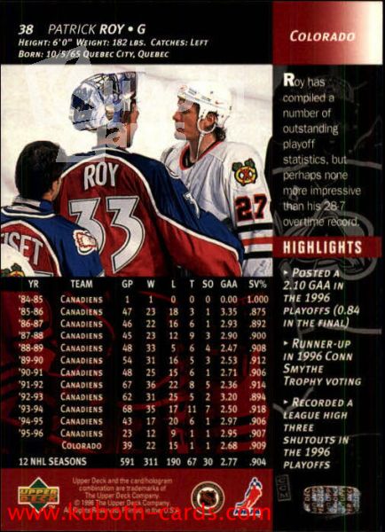NHL 1996 / 97 Upper Deck - No 38 - Patrick Roy