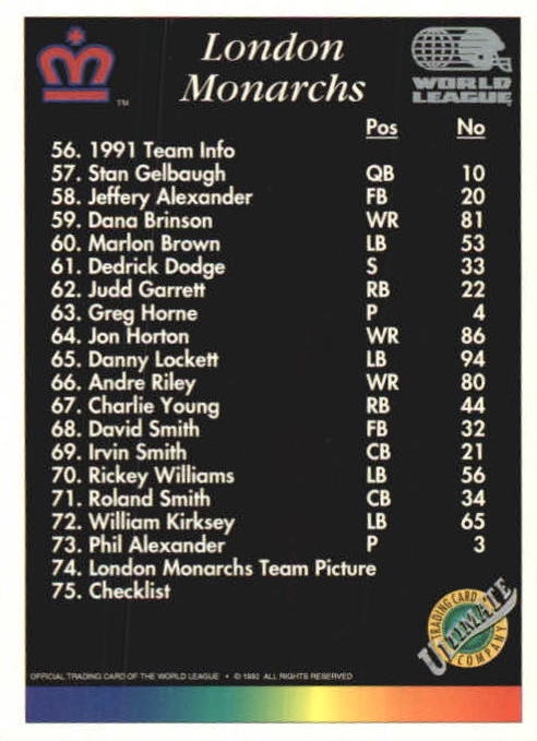NFL 1992 Ultimate WLAF - No 75 - London Monarchs