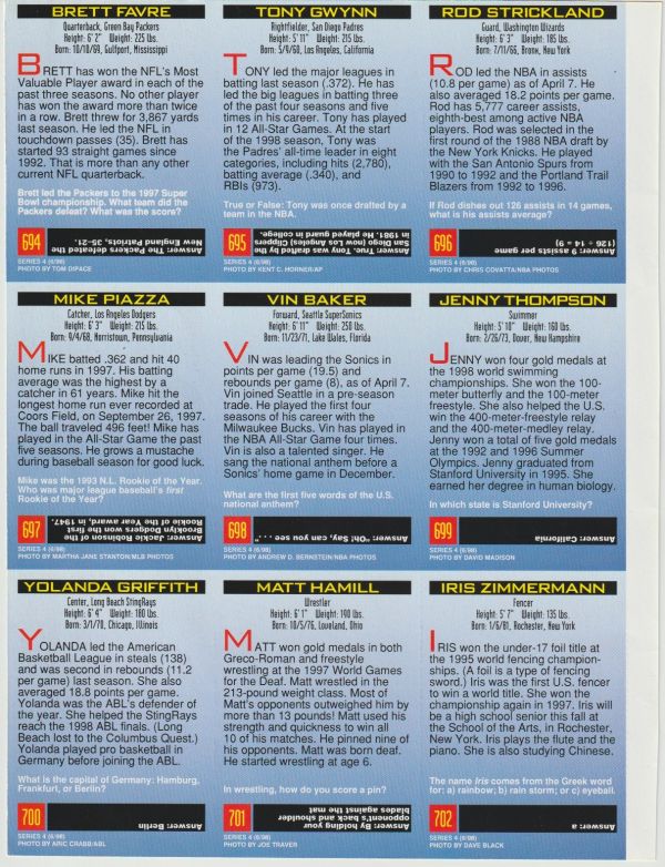 Multisport 1998 Sports Illustrated for Kids - kompletter Sammelbogen - No 694 bis 702