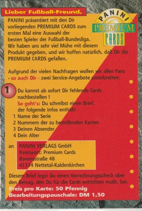 Fussball 1994-95 Panini Premium Cards Bundesliga - No 1 - Werbekarte