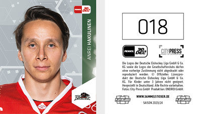 DEL 2023-24 Citypress Sticker - No 018 - Anrei Hakulinen
