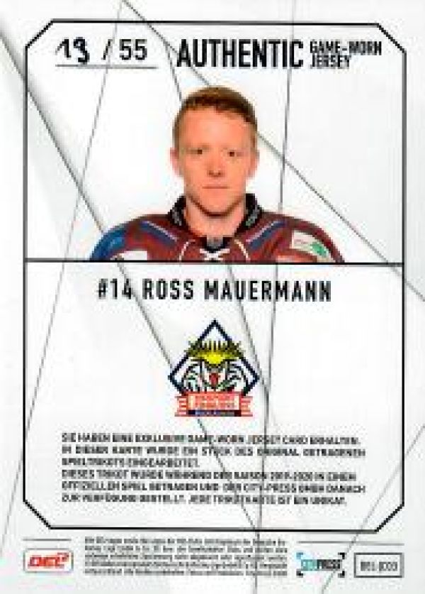 DEL 2019-20 CityPress DEL Jersey Card - No JC03 - Ross Mauermann