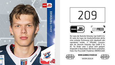 DEL 2023-24 Citypress Sticker - No 209 - Arno Tiefensee