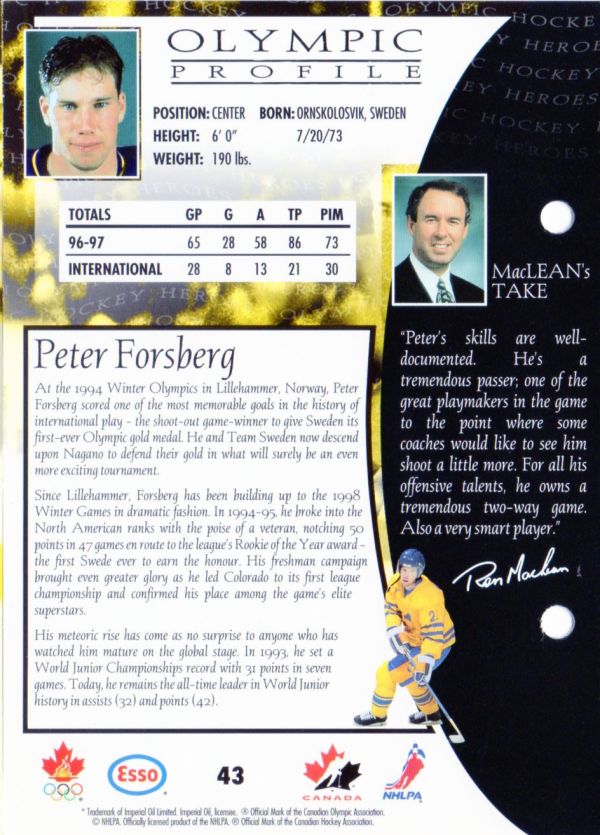 NHL 1997 / 98 ESSO Olympic Hockey Heroes - No 43 - Peter Forsberg