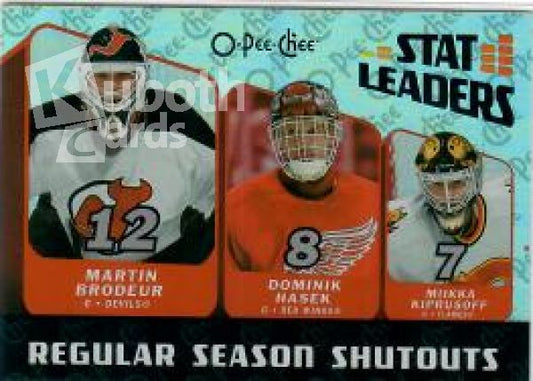 NHL 2007-08 O-Pee-Chee Stat Leaders - No SL12 - Martin Brodeur / Dominik Hasek / Miikka Kiprusoff