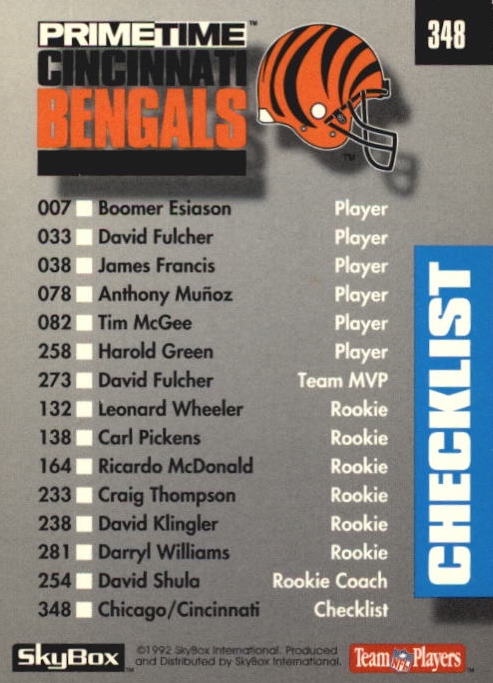 NFL 1992 SkyBox Prime Time - No 348 Cincinnati Bengals & Chicago Bears