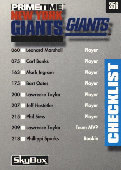 NFL 1992 SkyBox Prime Time - No 356 - New York Giants & New York Jets