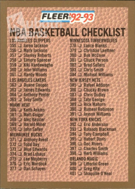 NBA 1992-93 Fleer - No 444 - Checklist