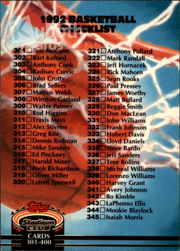 NBA 1992-93 Stadium Club - No 400 - Checklist