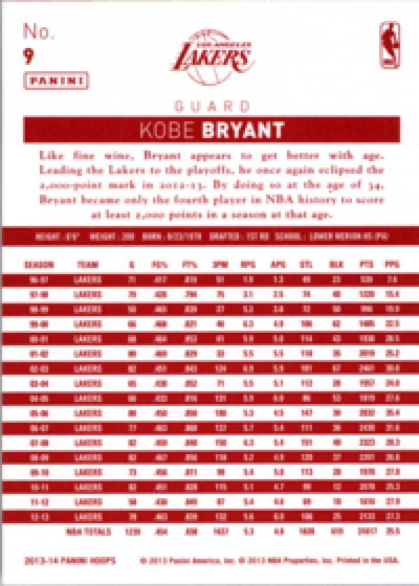 NBA 2013-14 Hoops Red Backs - No 9 - Kobe Bryant