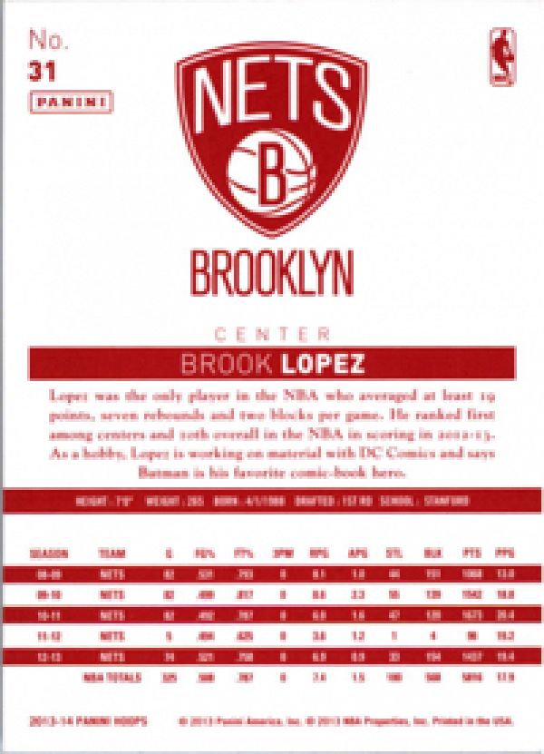 NBA 2013-14 Hoops Red Backs - No. 31 - Brook Lopez