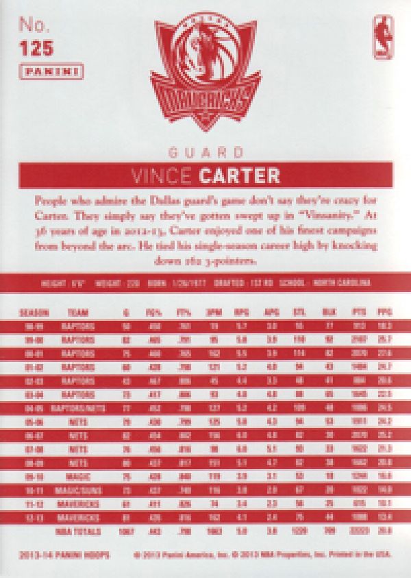 NBA 2013-14 Hoops Red Backs - No 125 - Vince Carter