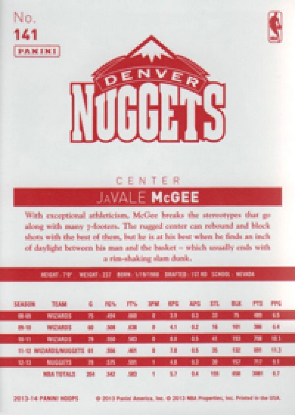 NBA 2013-14 Hoops Red Backs - No. 141 - JaVale McGee