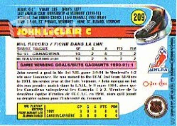 NHL 1991-92 O-Pee-Chee - No 209 - John LeClair