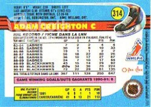 NHL 1991-92 O-Pee-Chee - No. 314 - Adam Creighton