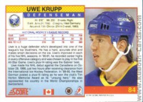 NHL 1991-92 Score Canadian English - No 84 - Uwe Krupp