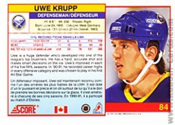 NHL 1991-92 Score Canadian bilingual - No 84 - Uwe Krupp