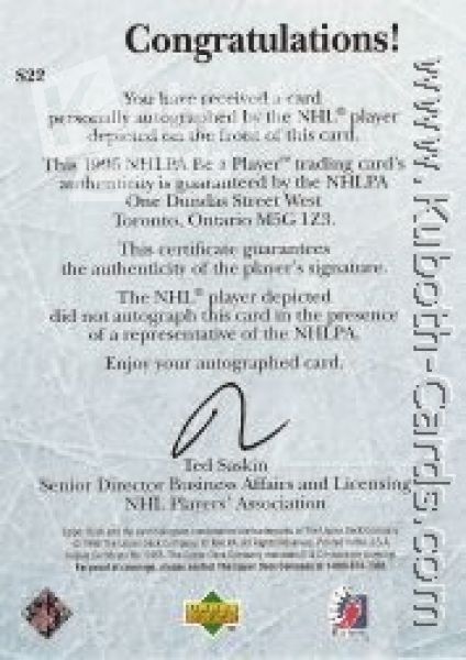 NHL 1995 / 96 Be A Player Autographs - No S22 - Adams