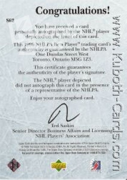 NHL 1995/96 Be A Player Autographs - No S62 - Sanderson