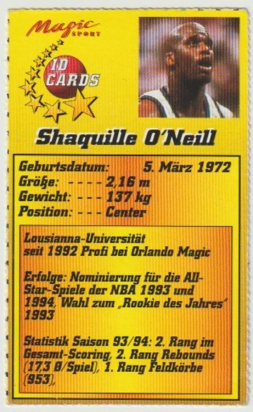 NBA 1995 German Magic Sport ID Cards - No 4 - Shaquille O'Neill