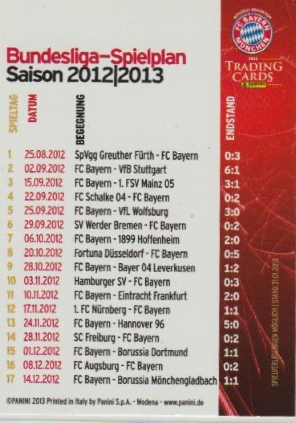 Football 2012-13 Panini FC Bayern Munich - No 77 - Bundesliga schedule season 2012-13