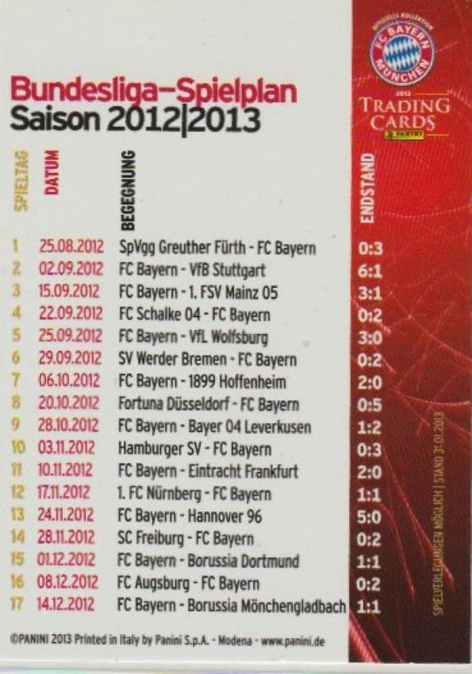 Football 2012-13 Panini FC Bayern Munich - No 77 - Bundesliga schedule season 2012-13