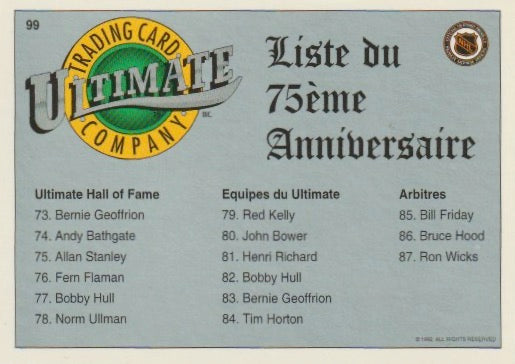 NHL 1991-92 Ultimate Original Six - No 99 - Checklist 1