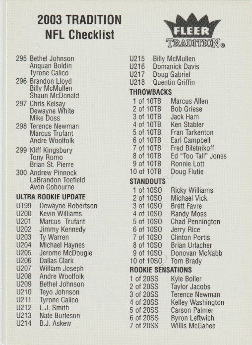 NFL 2003 Fleer Tradition - No NN0 - Checklist