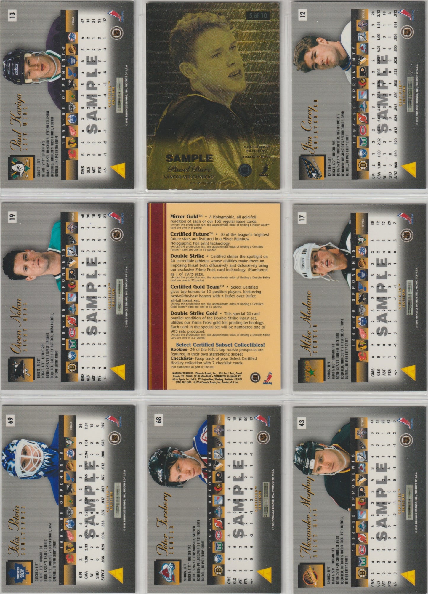 NHL 1995-96 Select Certified Promos - No 1 - 9 kompletter Satz