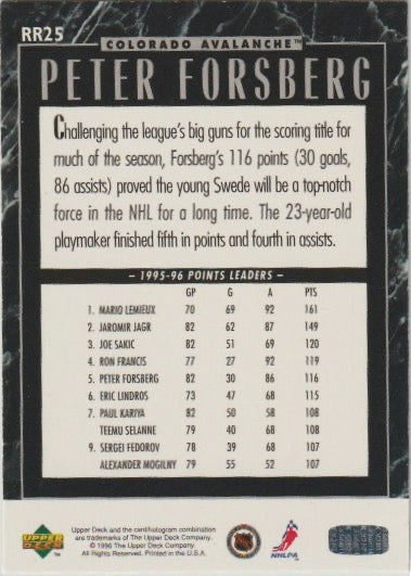 NHL 1995-96 Upper Deck Predictor Retail Award Scoring Redeemed - No RR25 - Peter Forsberg