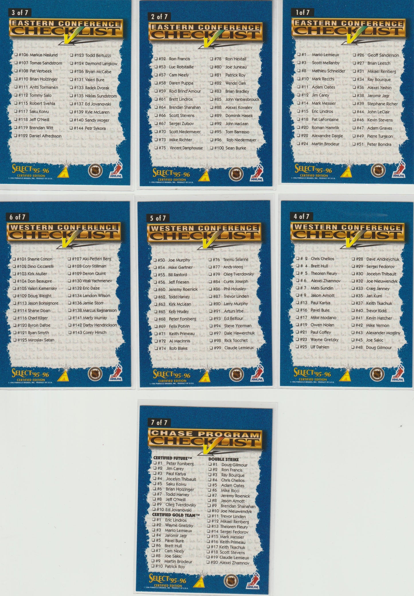 NHL 1995-96 Select Certified Checklists - No 1 - 7  - kompletter Satz