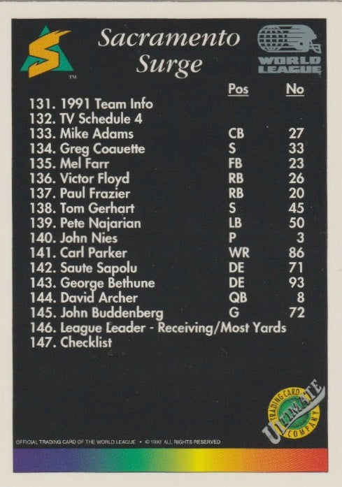NFL 1992 Ultimate WLAF - No 147 - Sacramento Surge
