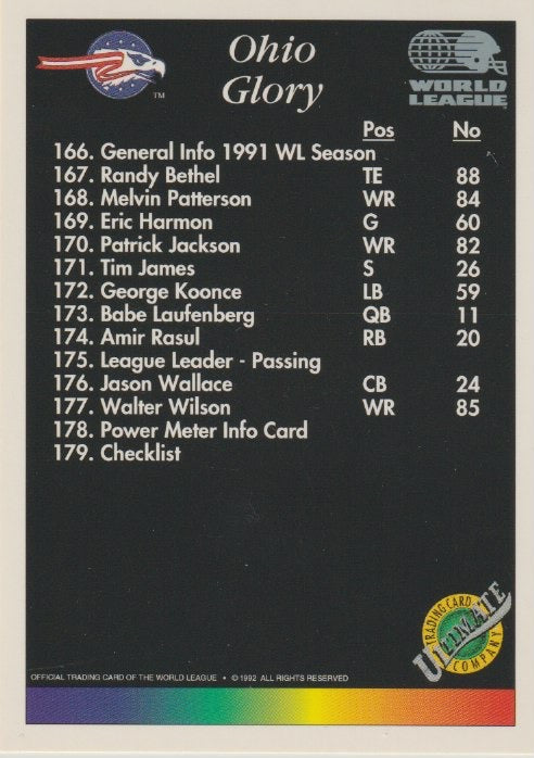 NFL 1992 Ultimate WLAF - No 179 - Ohio Glory